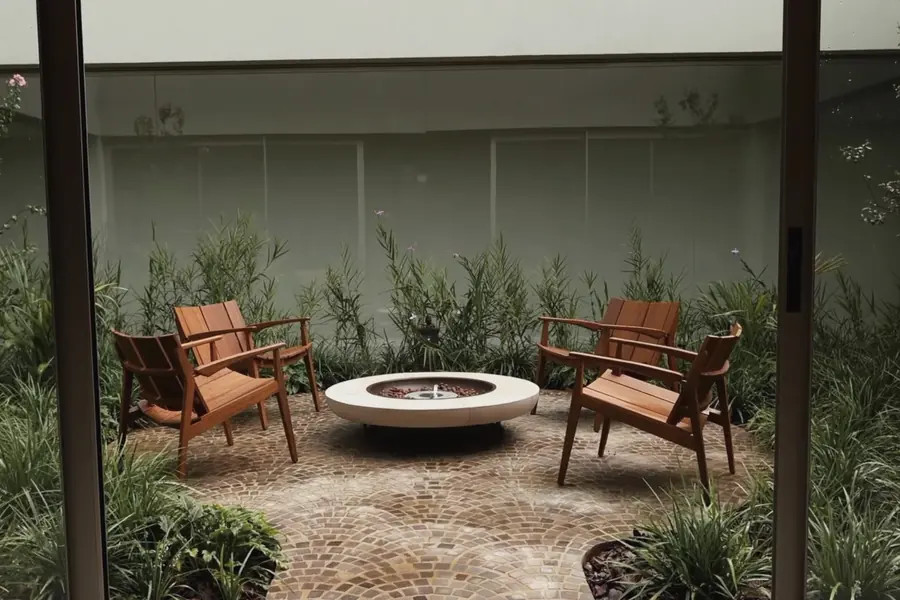 Casa Bem-te-vi: pátio com lareira redonda e poltronas de madeira entre plantas