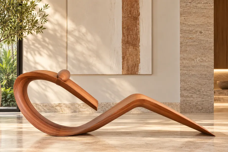 Chaise Longue, versão interna em madeira, em sala com piso de mármore