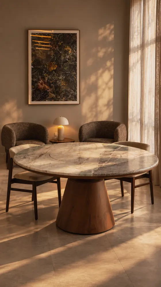 Showroom DRØM: mesa redonda de tampo de pedra e base de madeira, com poltronas, na luz do fim de tarde